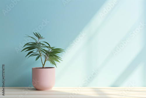 Beautiful versatile light blue empty background, with shadow light, and houseplant for product presentation © Minithalie