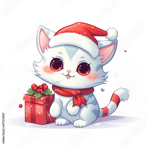 Cartoon style, happy cute cat with Christmas booble hat tear gift up photo