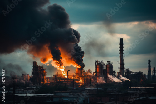 An oil refinery plant, in the style of environmental awareness