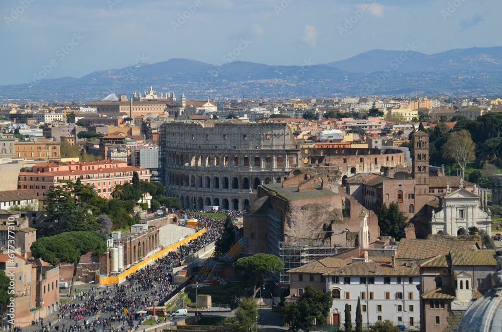 Aerial view of the skyline of Rome and the Colosseum in Italy