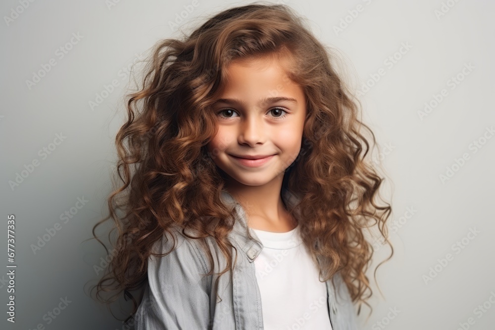Portrait of a cute little girl with curly hair over grey background Portrait of a cute little girl with curly hair over grey background