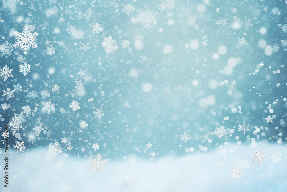 Snow falling over snowdrifts, winter background, illustration, space for text 