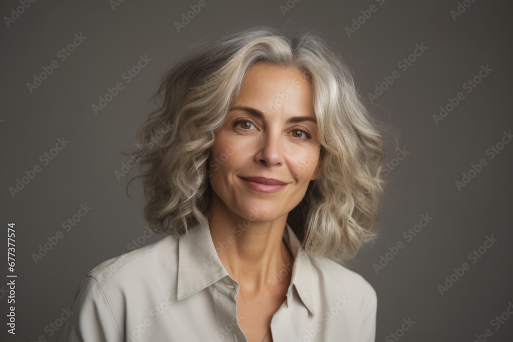 Portrait of mature woman with grey hair looking at the camera. Portrait of mature woman with grey hair looking at the camera.