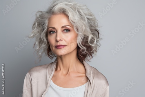 Portrait of a beautiful woman with grey hair on a gray background