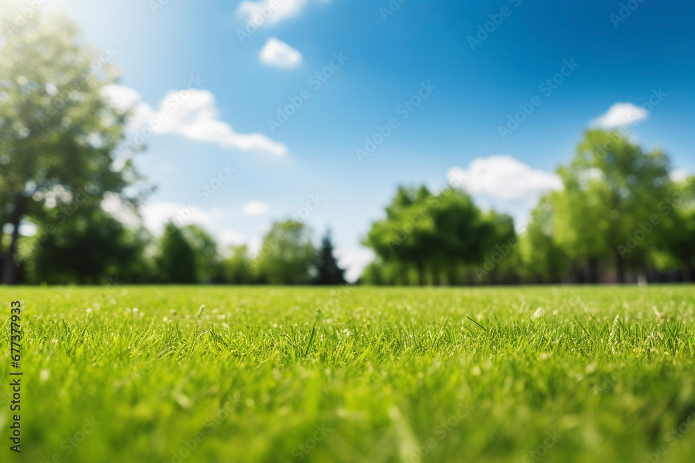 Close up of a meadow field with green grass on a sunny day of spring or summer with trees on blurred background and blue sky with clouds, nature landscape.