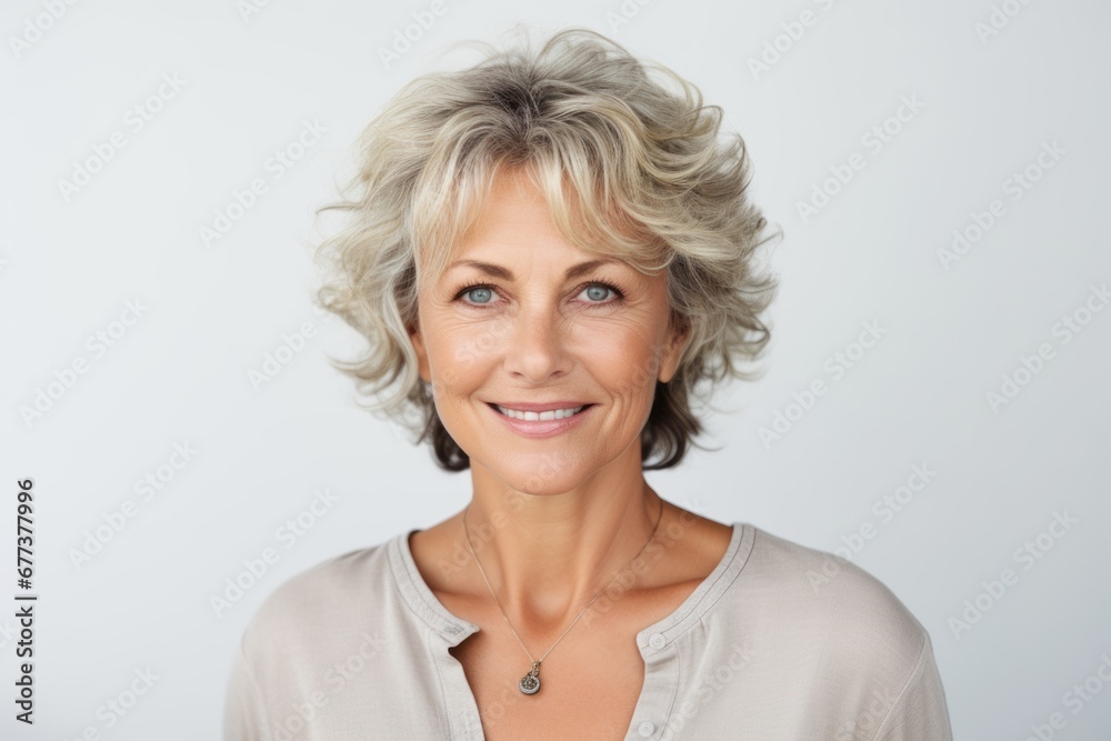 Closeup portrait of a smiling middle aged woman with short grey hair looking at camera
