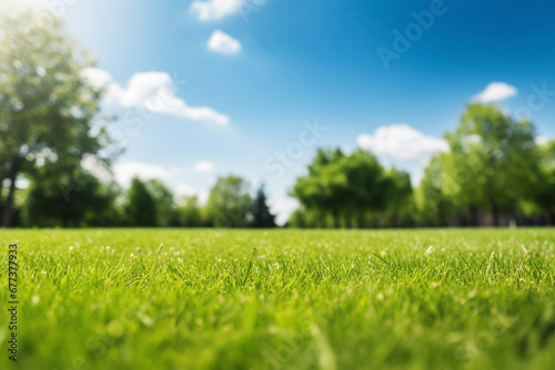 Close up of a meadow field with green grass on a sunny day of spring or summer with trees on blurred background and blue sky with clouds, nature landscape.