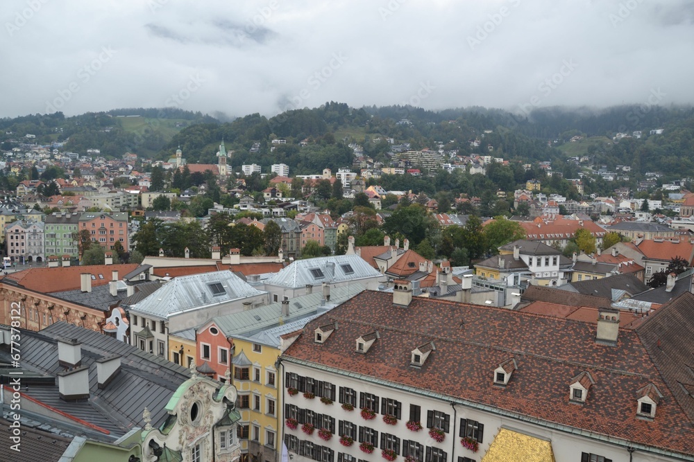 Aerial view of cityscape Innsbruck surrounded by buildings