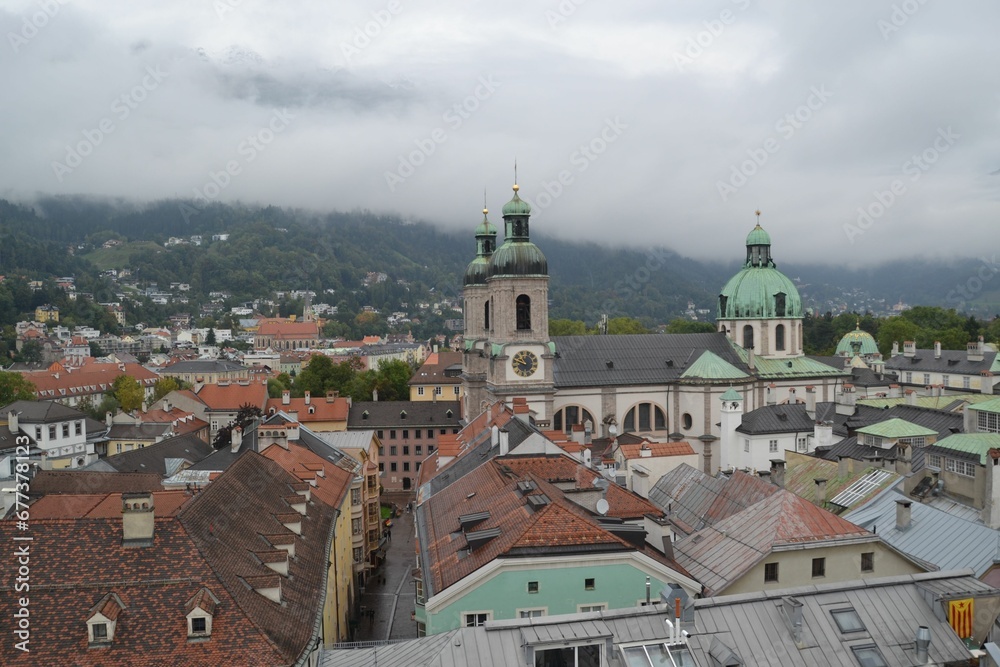 Aerial view of cityscape Innsbruck surrounded by buildings