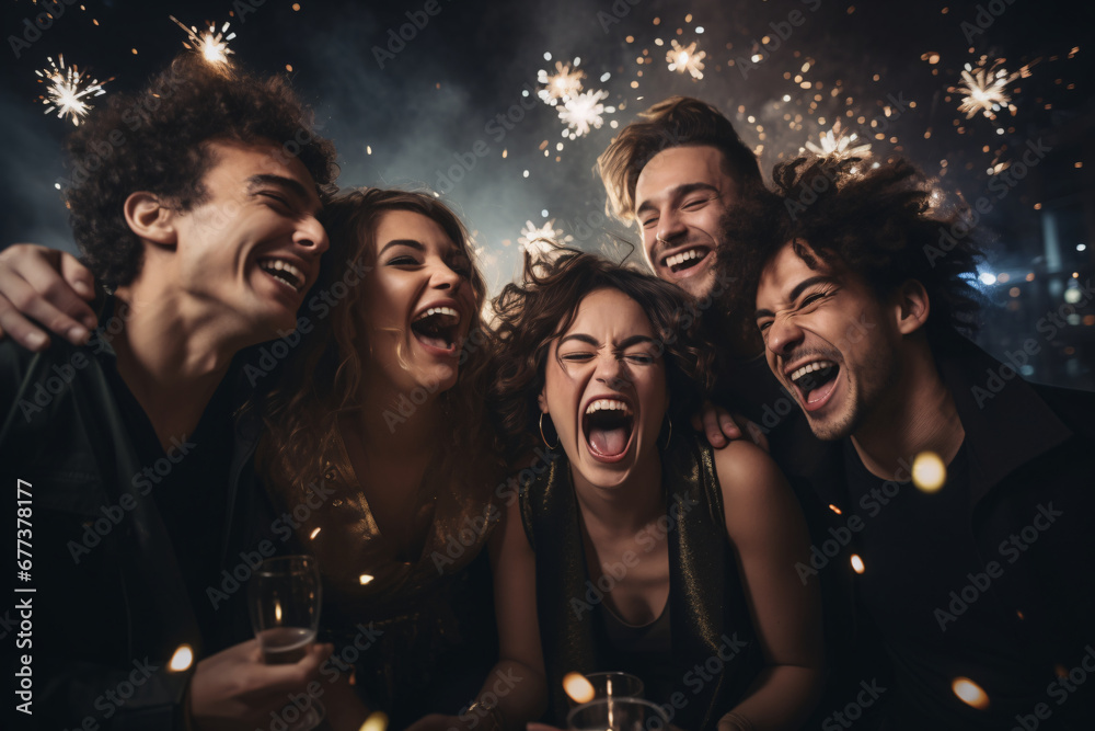 a group of friends gathered closely, laughing and sharing resolutions,
