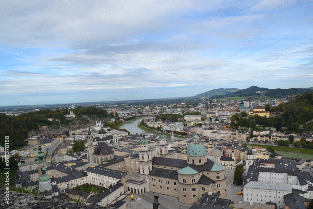 Salzburg cityscape with the historic Cathedral on a cloudy day