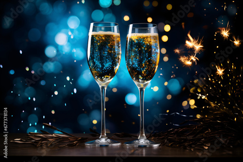  two elegant champagne glasses with a burst of fireworks springing from them  symbolizing celebration  set against a backdrop of a starry night sky
