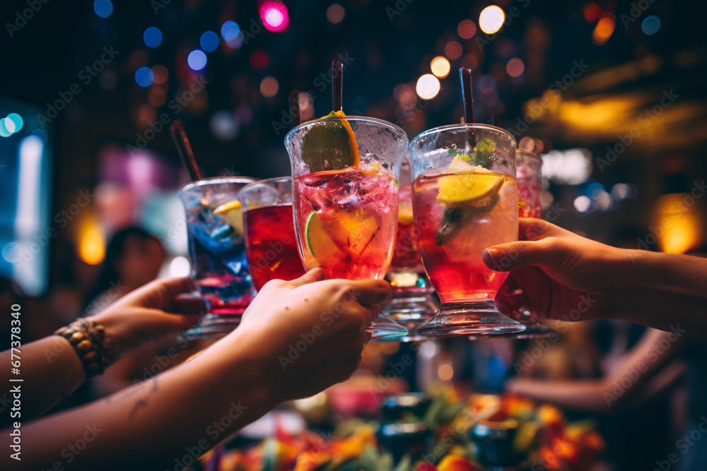 close-up view of hands clinking glasses filled with colorful cocktails, with soft focus on the New Year's Eve party in the background