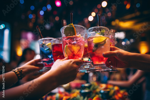 close-up view of hands clinking glasses filled with colorful cocktails, with soft focus on the New Year's Eve party in the background