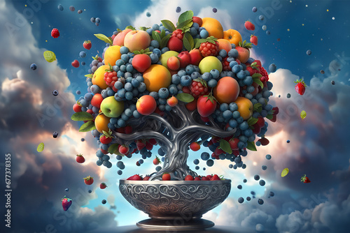 Tree of Life illustrated by cornucopia of growing fruits on robust tree in silver photo