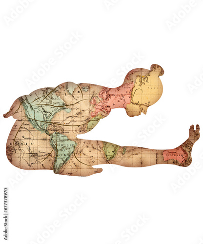 yoga illustration with an ancient world map, yoga pose silhouette, great for yoga websites, print on demand products, yoga art, yoga compositions, yoga paintings, yoga blogs... with vintage style. © Nature Silhouette
