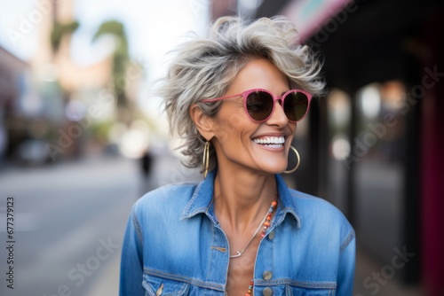 Portrait of a beautiful middle-aged woman with short hair wearing sunglasses in the city.
