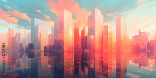 Skyscrapers background at sunset or sunrise  geometric pattern of towers  perspective graphic painting of buildings - Architectural illustration for financial  corporate and business brochure template
