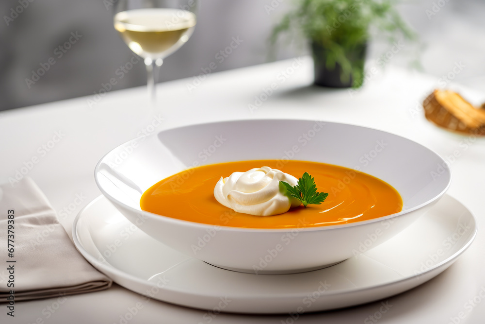 Creamy orange Vegetable Soup topped with whipped cream and parsley. White ceramic bowl. Restaurant-style plating. Horizontal, side view Creamy orange Vegetable Soup topped with whipped cream and parsley. White ceramic bowl. Restaurant-style plating. Horizontal, side view