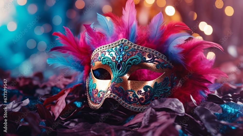 Colorful mask decorated with feathers and sparkles. Carnival mask banner with place for text