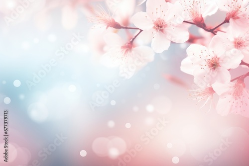 Cherry blossom in spring. Beautiful nature scene with blooming tree and sun flare. Spring flowers on blurred pink background with bokeh lights. Backdrop for card or banner with copy space