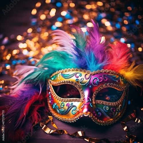 Colorful mask decorated with feathers and sparkles. Carnival mask banner with place for text