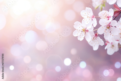 Cherry blossom in spring. Beautiful nature scene with blooming tree and sun flare. Spring flowers on blurred pink background with bokeh lights. Backdrop for card or banner with copy space