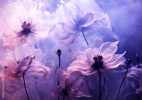 Abstract beautiful purple tulips emanating light and smoke around it. Romanticism and beauty. AI generative