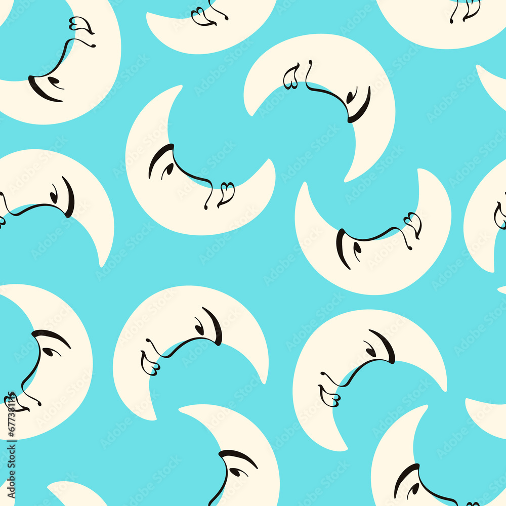 Obraz premium Funny funkily pattern of Moon with smiling face. illustration in doodle style