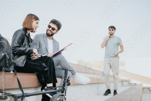 Adult business entrepreneurs discussing outdoor meeting in urban city area. Analyzing budget, collaborating on financial planning, and aiming for successful business expansion.