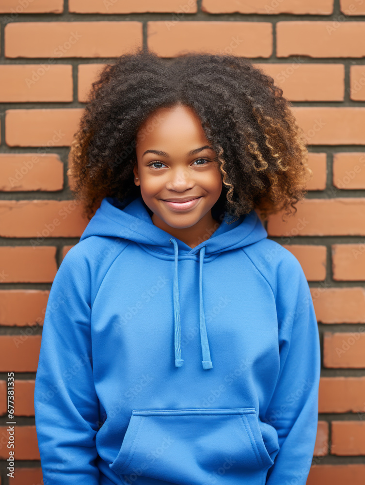 Happy Young Girl Model, Fashion Studio Mockup: Black young Girl in a Blue Hoodie. Young african american girl posing against Pale Redbrick background. Happy Young Girl Model, Fashion Studio Mockup: Black young Girl in a Blue Hoodie. Young african american girl posing against Pale Redbrick background.