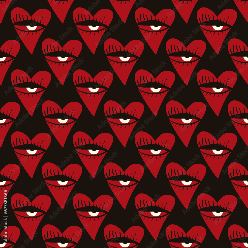 Valentines Day pattern with ugly funky hearts. Groovy cute love characters. illustration in doodle style Valentines Day pattern with ugly funky hearts. Groovy cute love characters. illustration in doodle style