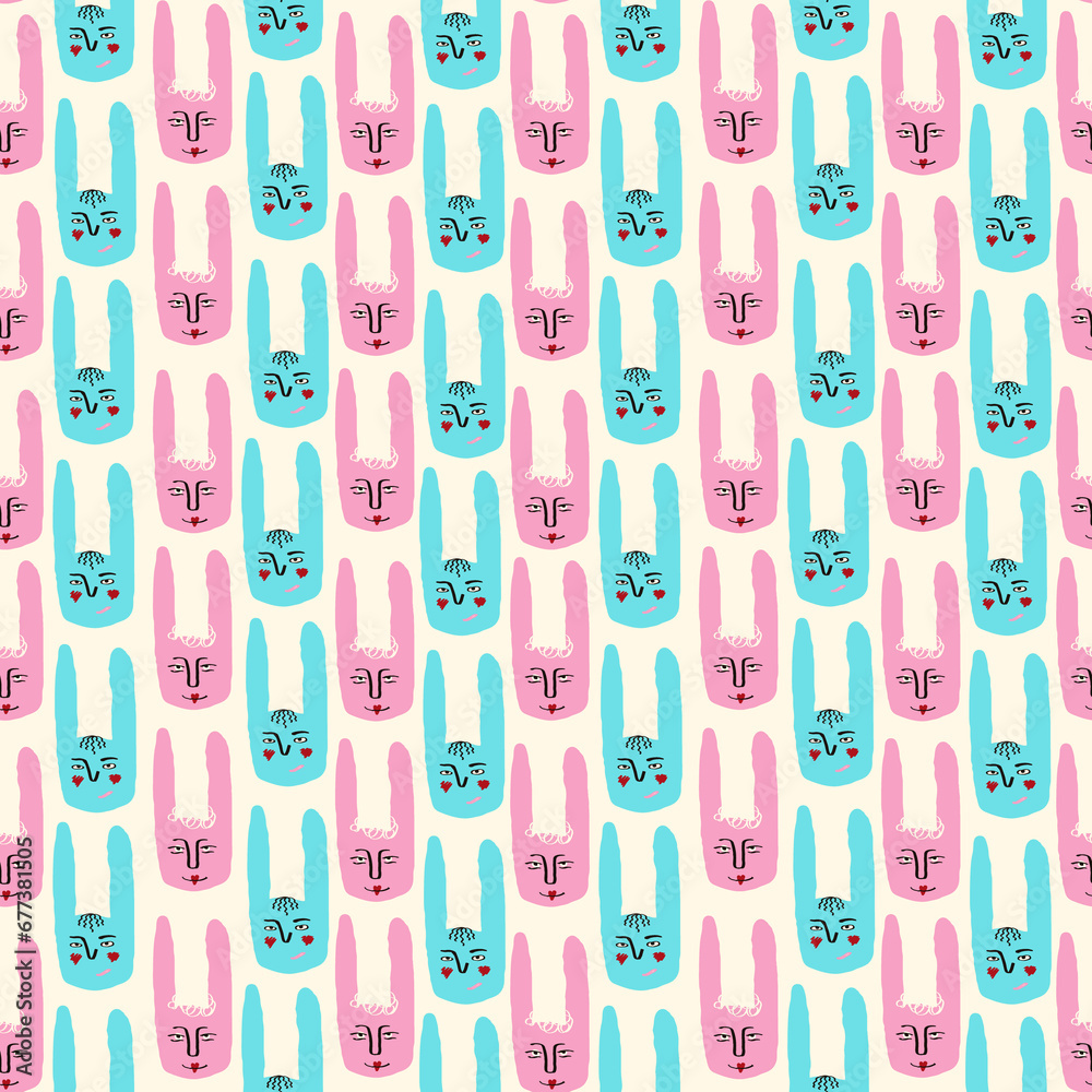 Funky rabbit with a lovely face pattern. Freaky comic rabbit face seamless background Funky rabbit with a lovely face pattern. Freaky comic rabbit face seamless background