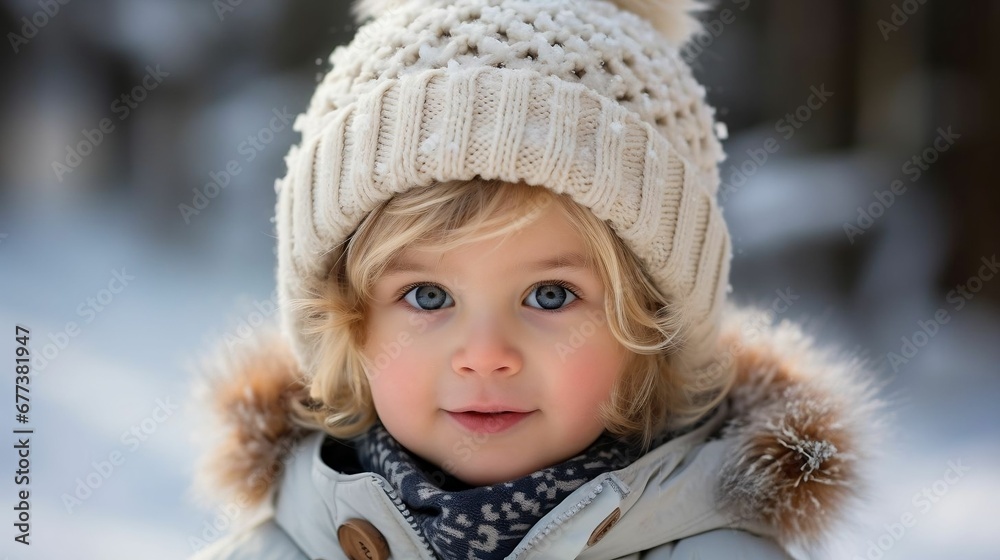 Smiling little boy portrait close-up in the snow
Smiling little boy portrait close-up in the snow