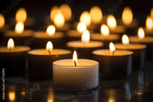 Lighted candles are placed on the table in front of a blurred light spot background