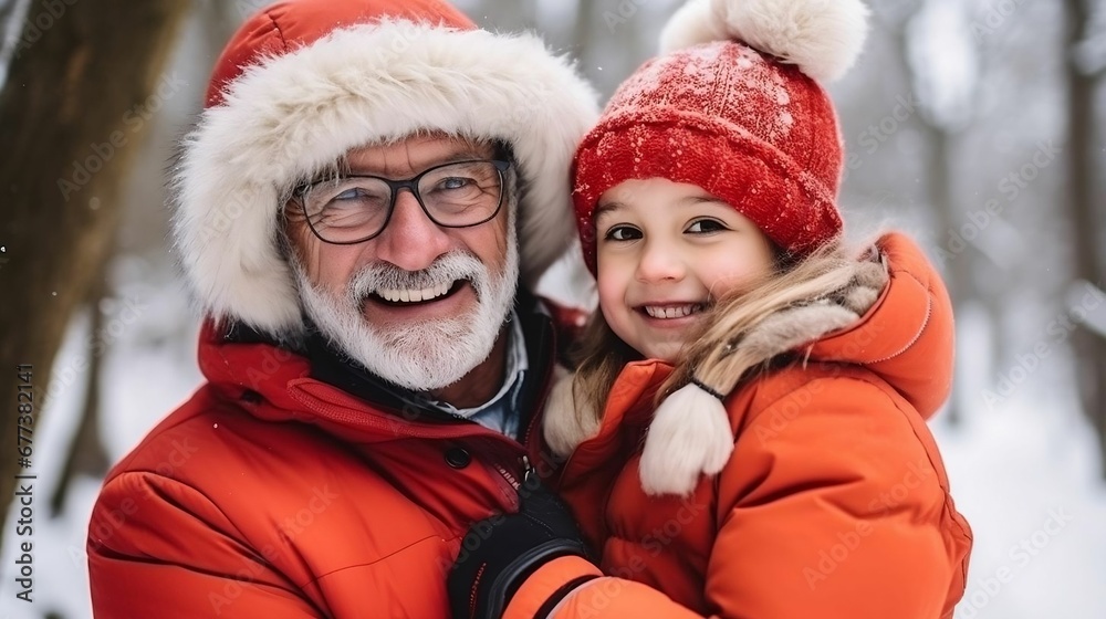 Senior grandfather and small girl portrait in winter snow