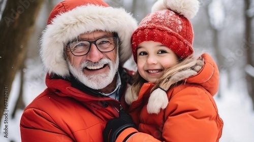 Senior grandfather and small girl portrait in winter snow