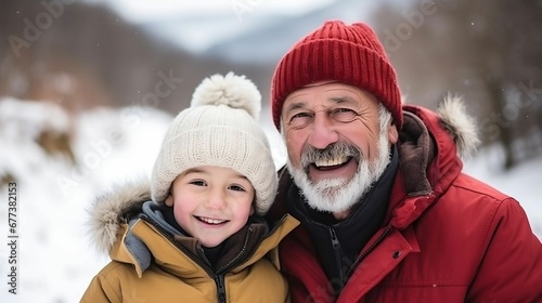 Senior grandfather and small girl portrait in winter snow © Halim Karya Art