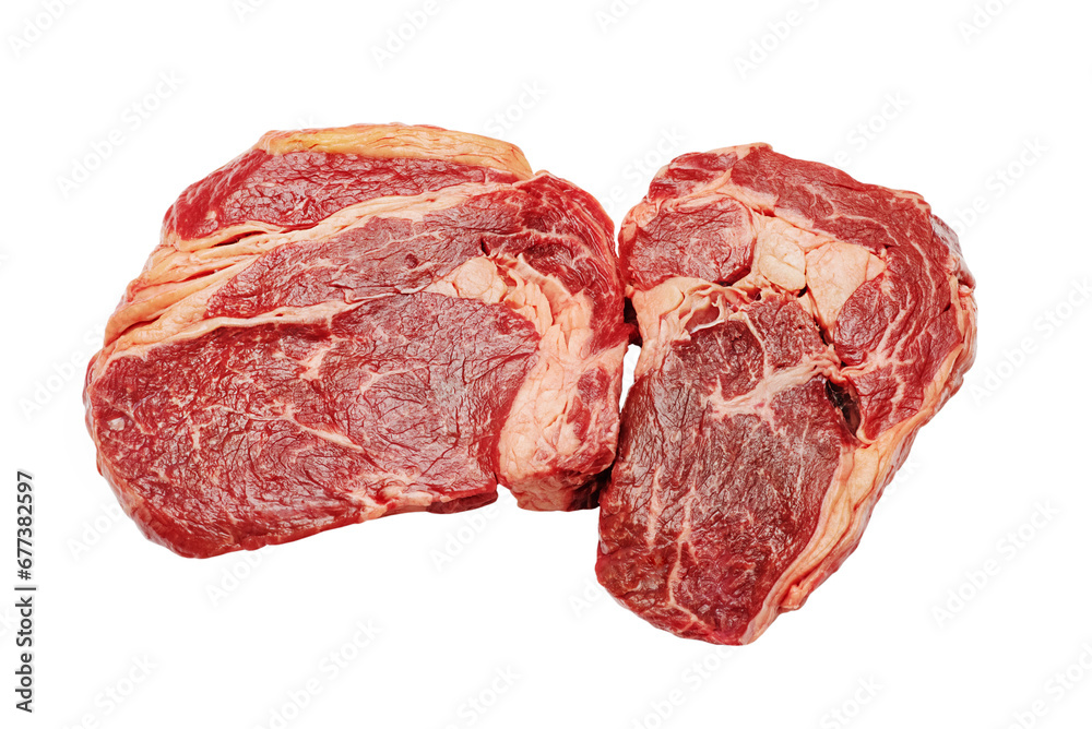 Two pieces of beef steak isolated on a white background.