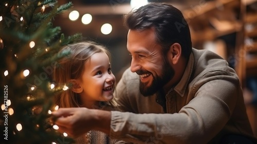 father and daughter decorate the Christmas tree indoors 