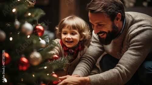 father and daughter decorate the Christmas tree indoors 