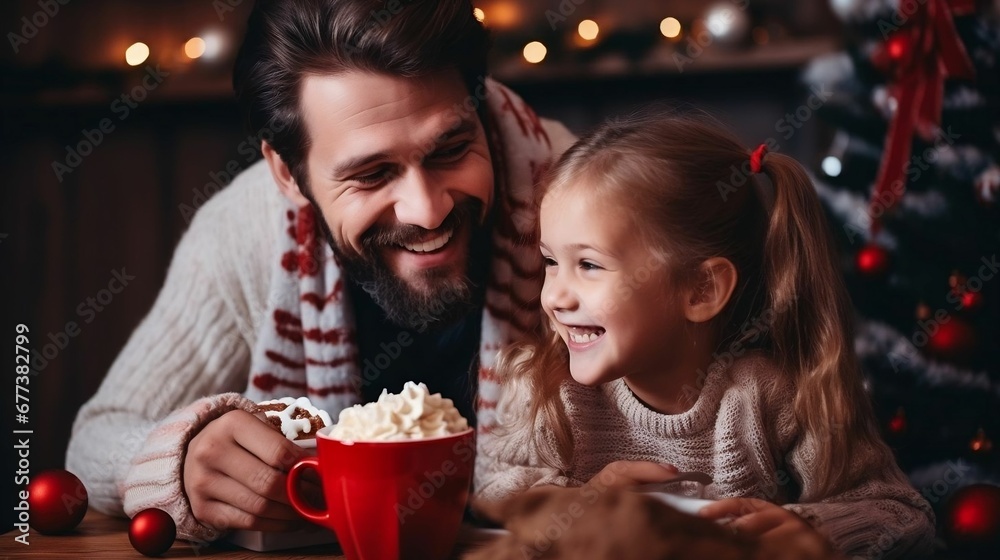 Father and daughter savor cocoa on Christmas eve Father and daughter savor cocoa on Christmas eve