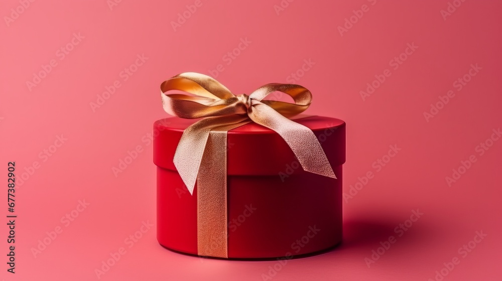 A red gift box with a gold ribbon on a pink background. The concept of holiday photography. Surprise for Valentine's Day, birthday, wedding. Copy space and front view, good focused. Celebrate concept. A red gift box with a gold ribbon on a pink background. The concept of holiday photography. Surprise for Valentine's Day, birthday, wedding. Copy space and front view, good focused. Celebrate concept.