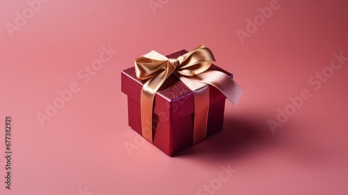 A red gift box with a gold ribbon on a pink background. The concept of holiday photography. Surprise for Valentine's Day, birthday, wedding. Copy space and front view, good focused. Celebrate concept. © IC Production