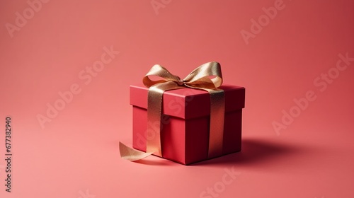 A red gift box with a gold ribbon on a pink background. The concept of holiday photography. Surprise for Valentine's Day, birthday, wedding. Copy space and front view, good focused. Celebrate concept.