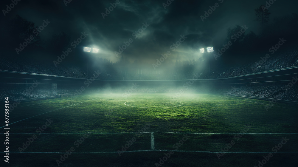 textured soccer game field with neon fog, center, midfield
