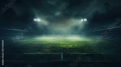 textured soccer game field with neon fog, center, midfield photo