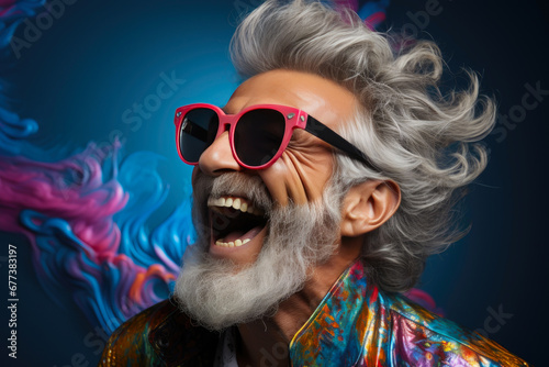 Man with Grin and Fun Specs Dancing Against Blue Background © Andrii 