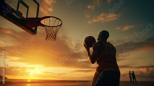 Wheelchair Basketball Player. Determination, Training, Inspiration of a Person with Disability. Wide Shot with Warm Colors on sunset © Francescozano