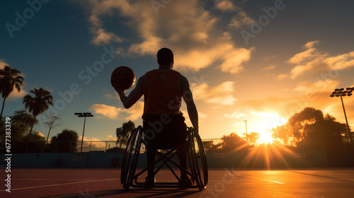 Wheelchair Basketball Player. Determination, Training, Inspiration of a Person with Disability. Wide Shot with Warm Colors on sunset photo